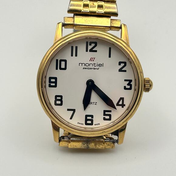 Montiel Swiss Made  Gold Tone St. Steel Sapphire Crystal Kids Watch 29mm Working - Picture 1 of 7